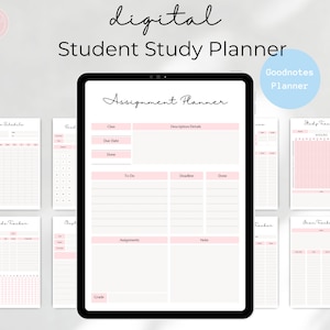 May include: A digital student study planner for Goodnotes app. The planner includes a class schedule, assignment planner, grade tracker, and study tracker. The planner is designed with a pink and white color scheme.