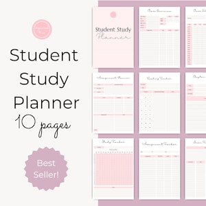 Può includere: Un planner di studio per studenti stampabile rosa e bianco con 10 pagine. Il planner include sezioni per la panoramica della classe, l'orario delle lezioni, il planner degli incarichi, il tracker di lettura, il riepilogo del capitolo, il tracker di studio, il tracker degli incarichi e il tracker degli esami.