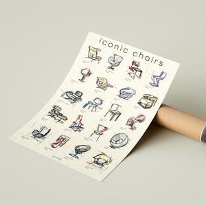 May include: A black and white poster with the title "iconic chairs" featuring hand-drawn sketches of 25 different chairs in various colours and styles.