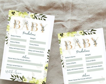 May include: Two baby prediction cards with floral accents. The cards have spaces for baby's name, date of birth, and other details. The cards are decorated with green and yellow floral designs and the words "Baby Predictions".