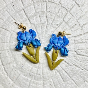 Earrings, Iris Flowers Handmade Polymer Clay 925 Silver