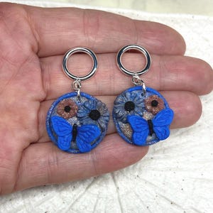 Earrings with butterflies and flowers in blue stud earrings polymer clay Fimo jewelry