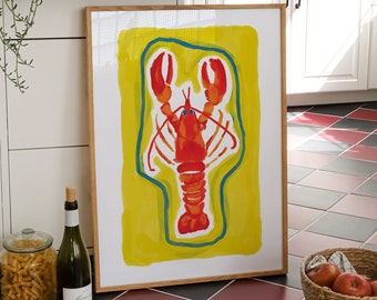 Lobster Print Lobster Poster Lobster Wall Art Kitchen Mediterranean Decor Coastal Oil Painting Europecore Hostess Gift For Foodie Cafe Art