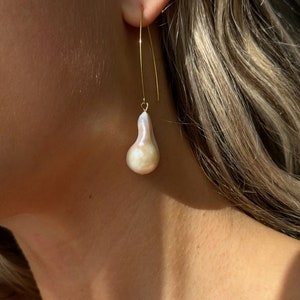 Real Pearl Earrings Baroque Pearl Dangle Earrings Bridal Jewelry Anniversary Gift Handmade Freshwater Pearl Fireball 14k Gold European Boho image 4