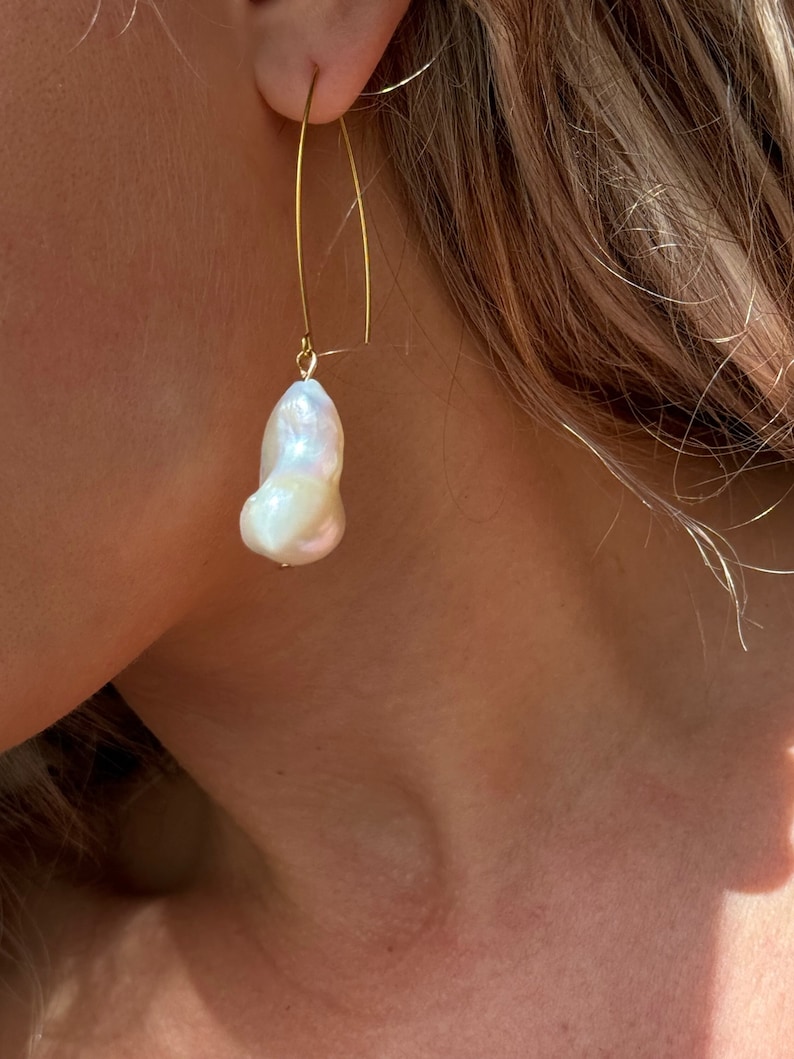 Real Pearl Earrings Baroque Pearl Dangle Earrings Bridal Jewelry Anniversary Gift Handmade Freshwater Pearl Fireball 14k Gold European Boho image 2