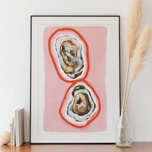 Impresión de ostras, póster de ostras rosas, póster de mariscos, impresión de decoración de cocina, arte de cocina, regalo para amantes de las ostras, restaurante gourmet, inauguración de la casa de moda