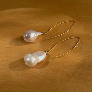 Real Pearl Earrings Baroque Pearl Dangle Earrings Bridal Jewelry Anniversary Gift Handmade Freshwater Pearl Fireball 14k Gold European Boho image 5