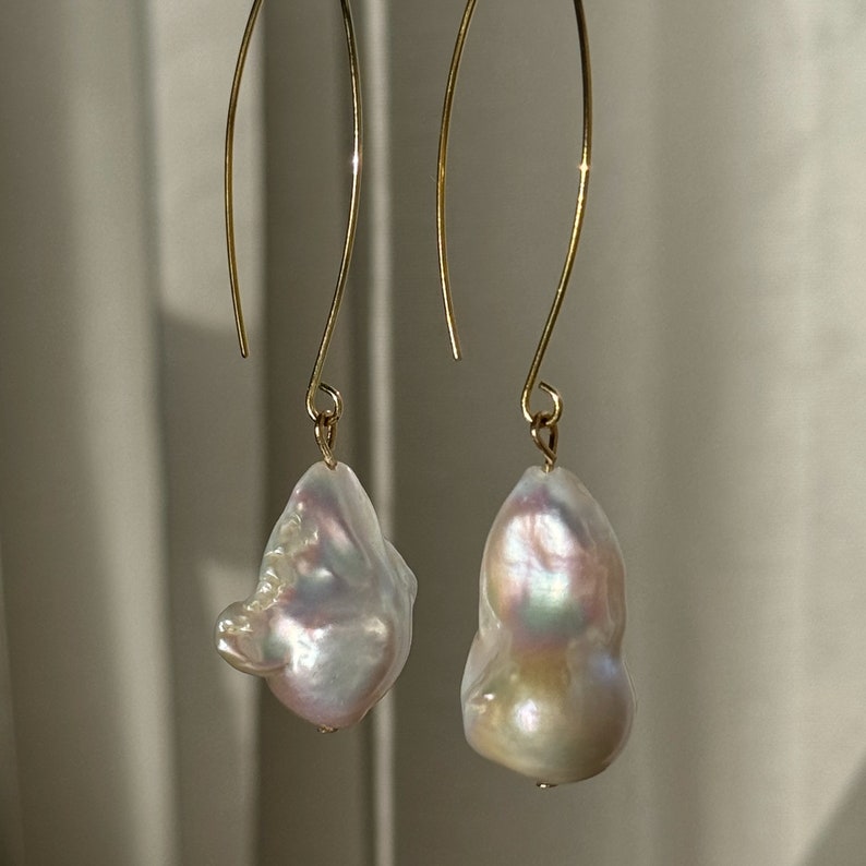 Real Pearl Earrings Baroque Pearl Dangle Earrings Bridal Jewelry Anniversary Gift Handmade Freshwater Pearl Fireball 14k Gold European Boho image 7