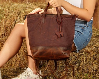 Brown Canvas Tote Bag, Convertible Tote Backpack, Laptop Tote Backpack, Shopper Bag, Womens Backpack