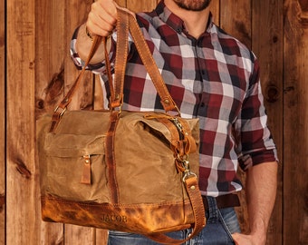 Mens Duffle Bag, Groomsmen Duffle, Waxed Canvas Weekender Bag, Personalized Bag Gift For Best Man