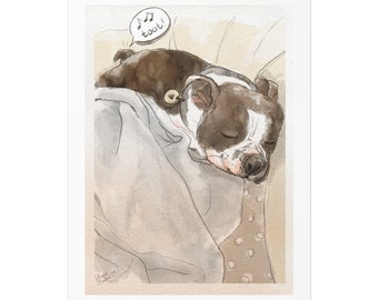 Sztuka Boston Terrier, Plakat Boston Terrier, Miłośnicy Boston Terrier, Prezent dla Mam Boston, Śpiący Szczeniak, Słodka Ilustracja, Sztuka Ścienna Do Sypialni