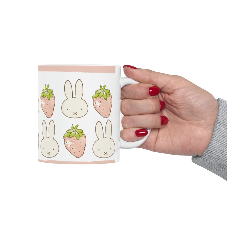 Miffy Inspired Strawberry Ceramic Mug | Cute Mug | Gift for Her | Mothers Day Gift Idea | Aesthetic Girl Room | Coquette Mug | Kawaii Cup image 9