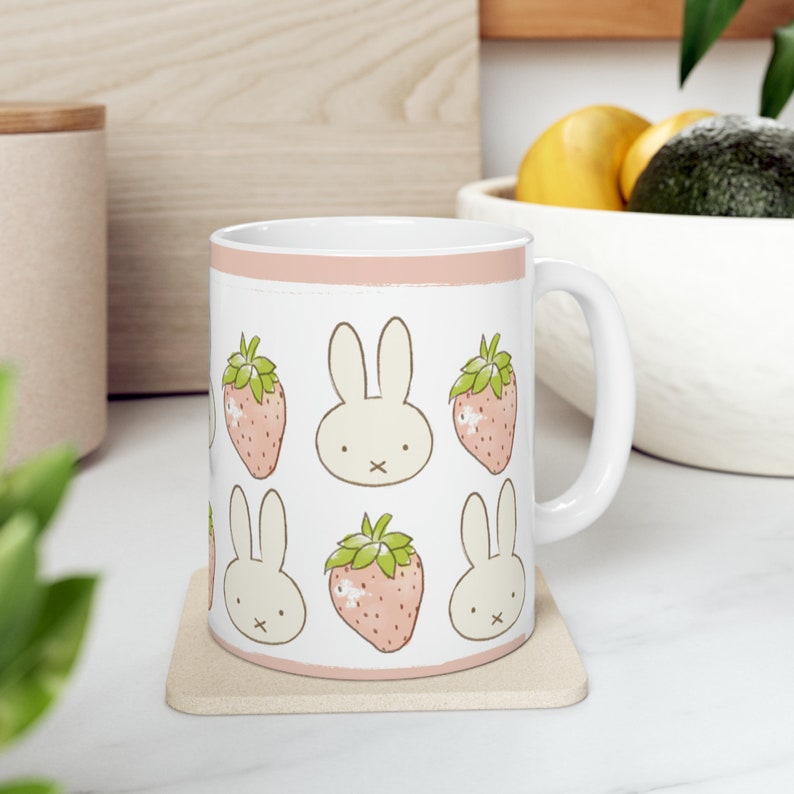 Miffy Inspired Strawberry Ceramic Mug | Cute Mug | Gift for Her | Mothers Day Gift Idea | Aesthetic Girl Room | Coquette Mug | Kawaii Cup image 7