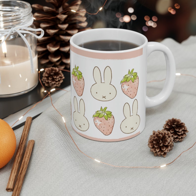 Miffy Inspired Strawberry Ceramic Mug | Cute Mug | Gift for Her | Mothers Day Gift Idea | Aesthetic Girl Room | Coquette Mug | Kawaii Cup image 5