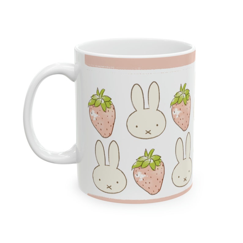 Miffy Inspired Strawberry Ceramic Mug | Cute Mug | Gift for Her | Mothers Day Gift Idea | Aesthetic Girl Room | Coquette Mug | Kawaii Cup image 3