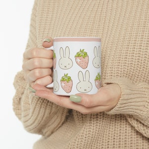 Miffy Inspired Strawberry Ceramic Mug | Cute Mug | Gift for Her | Mothers Day Gift Idea | Aesthetic Girl Room | Coquette Mug | Kawaii Cup image 1