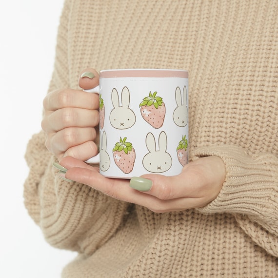 Miffy Inspired Strawberry Ceramic Mug | Cute Mug | Gift for Her | Mothers Day Gift Idea | Aesthetic Girl Room | Coquette Mug | Kawaii Cup