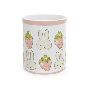 Miffy Inspired Strawberry Ceramic Mug | Cute Mug | Gift for Her | Mothers Day Gift Idea | Aesthetic Girl Room | Coquette Mug | Kawaii Cup image 2