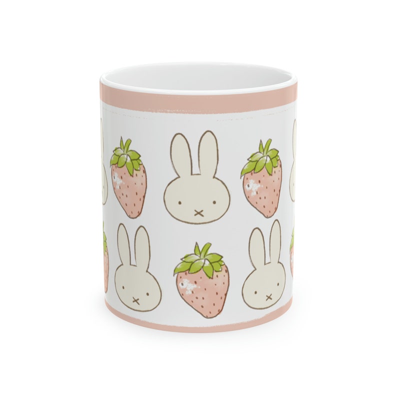 Miffy Inspired Strawberry Ceramic Mug | Cute Mug | Gift for Her | Mothers Day Gift Idea | Aesthetic Girl Room | Coquette Mug | Kawaii Cup image 2