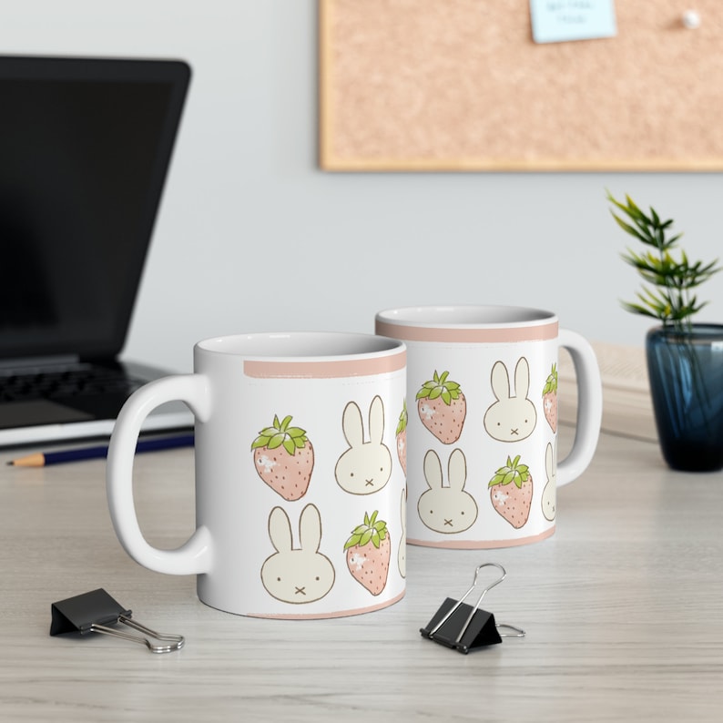 Miffy Inspired Strawberry Ceramic Mug | Cute Mug | Gift for Her | Mothers Day Gift Idea | Aesthetic Girl Room | Coquette Mug | Kawaii Cup image 6