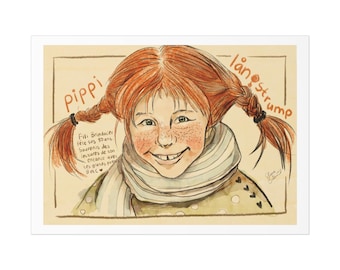Pósteres sin revestimiento, Pippi Calzaslargas, Pippi Langstrump, Astrid Lindgren, vieja escuela, arte mural, retro, retrato, sueco, libro infantil