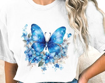 Women&#39;s Floral Butterfly T-Shirt or Sweatshirt, Blue Watercolor Print, Comfort Wear, Casual Fashion Top, Unique Graphic Tee