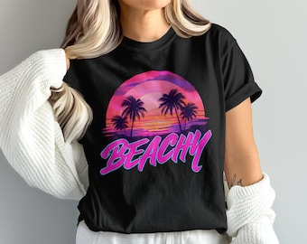 Camiseta retro de playa con puesta de sol, estampado de palmeras, vacaciones de verano.