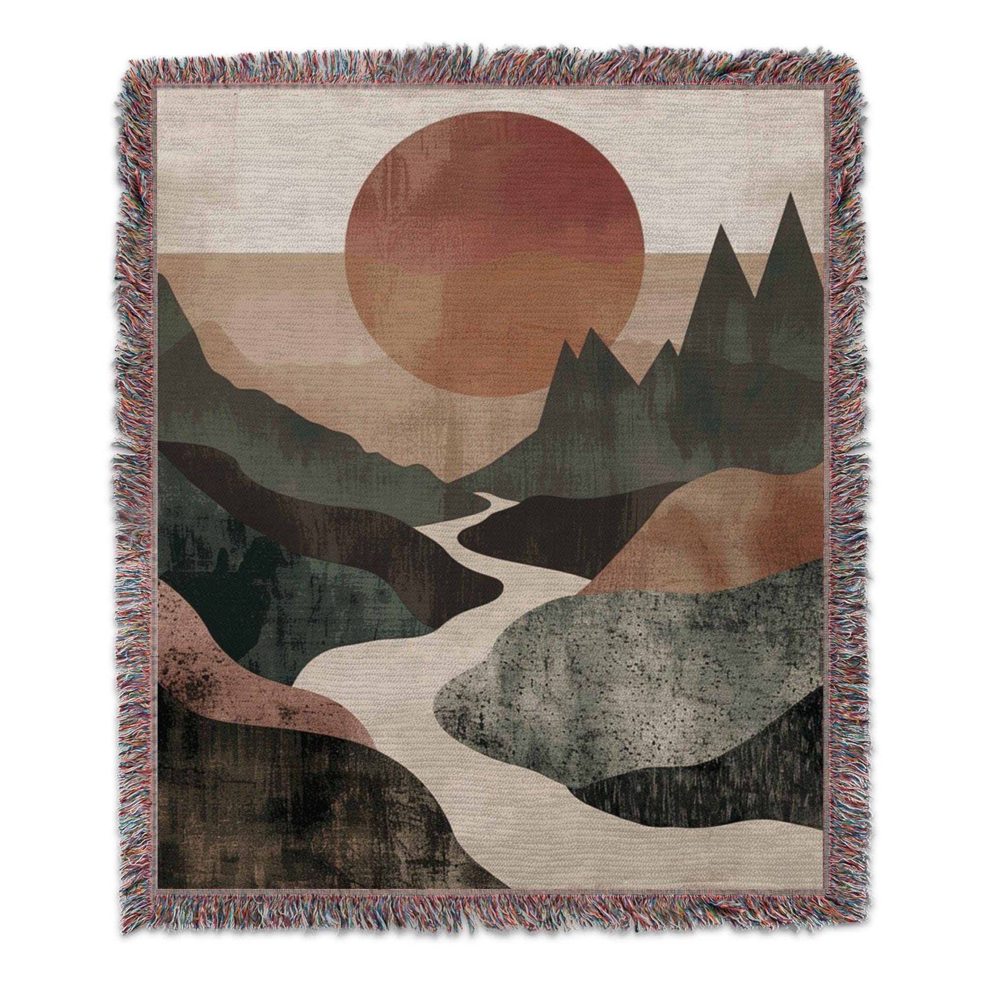 Abstract Mountain Sunset Woven Tapestry Blanket, Geometric