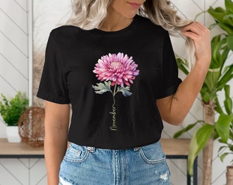 Floral Watercolor T-Shirt, Pink Chrysanthemum Flower Tee, Botanical Art Shirt, Casual Women's Fashion, Spring Summer Top, Gift for Her Gift