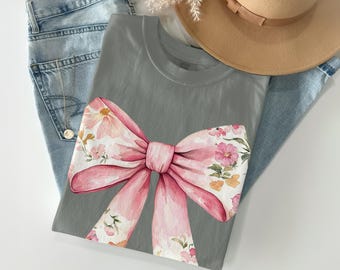Floral Bow T-Shirt, Gildan Sweatshirt, Pink Bow, Watercolor Bow, Cute Bow Shirt, Cottagecore, Gift for Her, Comfort Colors T-shirt