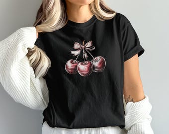 Cherry Bow T-Shirt, Sweet Cherry Sweatshirt, Fruit Tee, Bow Shirt, Cute Outfit, Trendy Top, Modern Tee, Cherry Lover Gift, Gift For Her