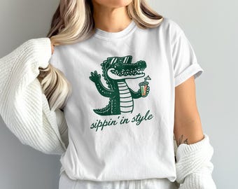 Cool Gator Tropical Drink T-Shirt, Summer Vibe Reptile Top