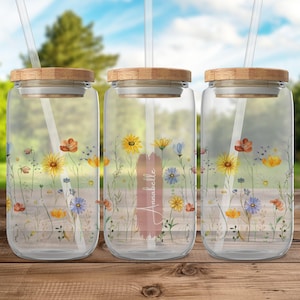 Frosted Personalized Wildflower 16 oz Glass Can, Floral Iced Coffee Cup, Custom Name Tumbler, Flower Design Glass Cup, Bridesmaid Gift