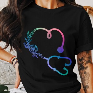 Colorful Stethoscope Heart Floral Design T-Shirt, Nurse Appreciation Tee, Medical Professional Gift, Healthcare Worker Support Top Gift
