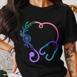 Floral Stethoscope T-Shirt, Nurse Appreciation Gift, Medical Professional Tee, Healthcare Symbol Top, Comfortable Cotton Shirt, Unisex Gift