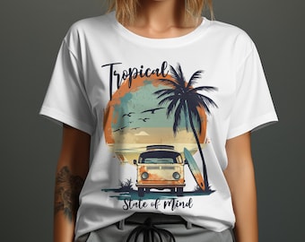 Tropical State of Mind T-Shirt or Sweatshirt, Surf Van Beach Sunset Tee, Summer Vacation Graphic Shirt, Palm Tree Coastal Vibes Apparel