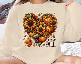 I Love Fall T-Shirt, Autumn Pumpkin Sunflower Heart Sweatshirt, Fall SeasonT-Shirt, Cute Fall Graphic Tee, Cozy Fall Vibes
