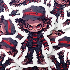 May include: A die-cut sticker featuring a cartoon character with messy brown hair, red eyes, and a stitched mouth. The character wears a dark fedora with a red band, a black and red striped sweater, a dark vest, and dark pants, holding a silver knife.