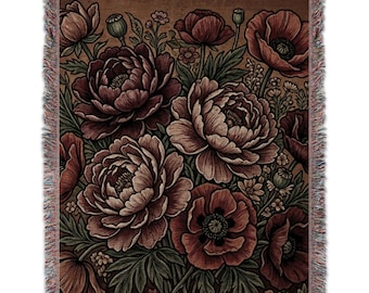 Vintage Floral Peony Blanket, Dark Cottagecore Botanical Throw, Moody Art, Cotton Woven Home Decor