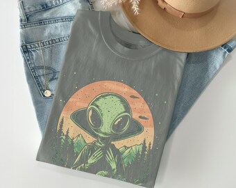Retro Alien T-Shirt, Gildan Sweatshirt, Forest Graphic Tee, UFO Shirt, Extraterrestrial Comfort Colors T-shirt, Outer Space Apparel
