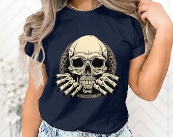 Gothic Skull T-Shirt, Creepy Skull Art Tee, Unisex Horror Graphic Shirt, Cool Dark Aesthetic Clothing, Unique Halloween Fashion Top Gift