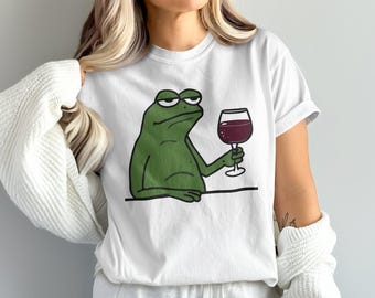Frog Wine T-Shirt, Funny Drinking Sweatshirt, Sarcastic Animal Graphic Tee, Cartoon Toad with Wine Glass, Novelty Gift for Wine Lovers