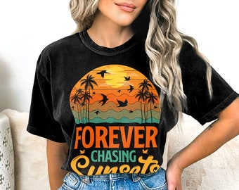 Koszulka z nadrukiem Beach Sunset, koszulka Forever Chasing Sunsets, koszulka z grafiką Tropical, top z motywem krajobrazu oceanu, letnia moda unisex