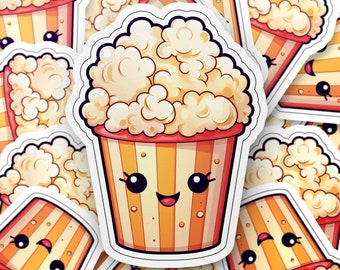May include: A collection of stickers featuring a cartoon popcorn bucket. The bucket is orange and yellow striped with a smiling face and overflowing with fluffy popcorn. The stickers have a white border.