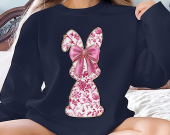 Cute Coquette Flower Bunny T-Shirt Sweatshirt, Bunny Bow Graphic Tee, Adorable Bunny Print Top, Easter Bunny Shirt, Spring Bunny Sweatshirt