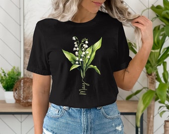 Women's Floral May Birth Flower Graphic Tee, Lily of the Valley T-Shirt, Botanical Illustration Shirt, Nature Lover Gift, Spring Fashion Top