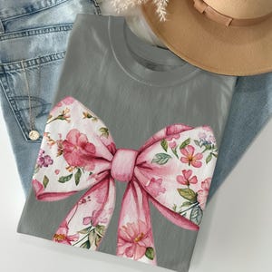 Floral Bow T-Shirt,Sweatshirt, Watercolor Pink Bow, Comfort Colors T-shirt, Gildan Sweatshirt, Cottagecore Bow, Gift for Her, Feminine