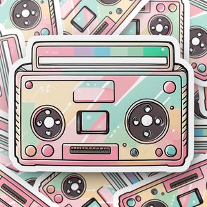 Retro Cassette Player Sticker, Vintage Tape Deck Decal, 80s Music Lover Gift, Pastel Boombox, Laptop and Water Bottle Decoration Gift