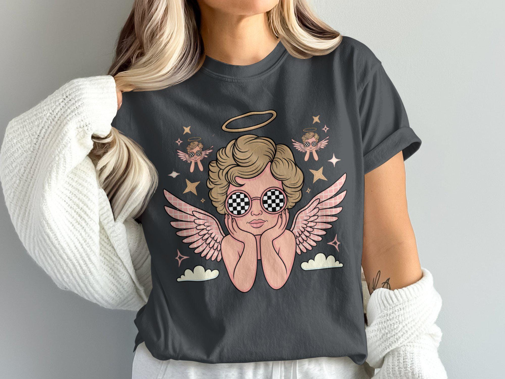 Angel Graphic T-shirt, Checkered Sunglasses, Retro Aesthetic - Etsy