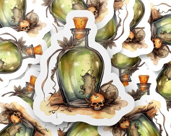 Vintage Potion Bottle Skull Sticker, Bohemian Apothecary Halloween Decor, Spooky Witchcraft Label, Gothic Aesthetic Vinyl Decal Gift